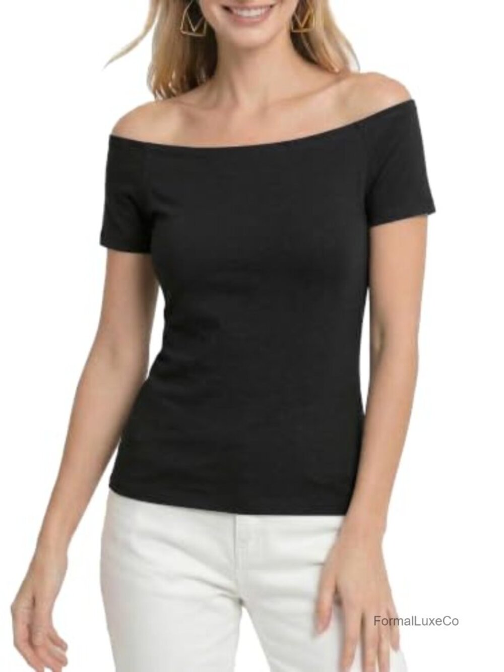 Off Shoulder Tee for Women, Fitted Short Sleeve Blouse, Stretchy Knit